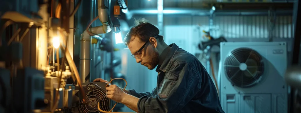 a skilled technician repairing a modern air conditioning unit in a well-lit workshop.
